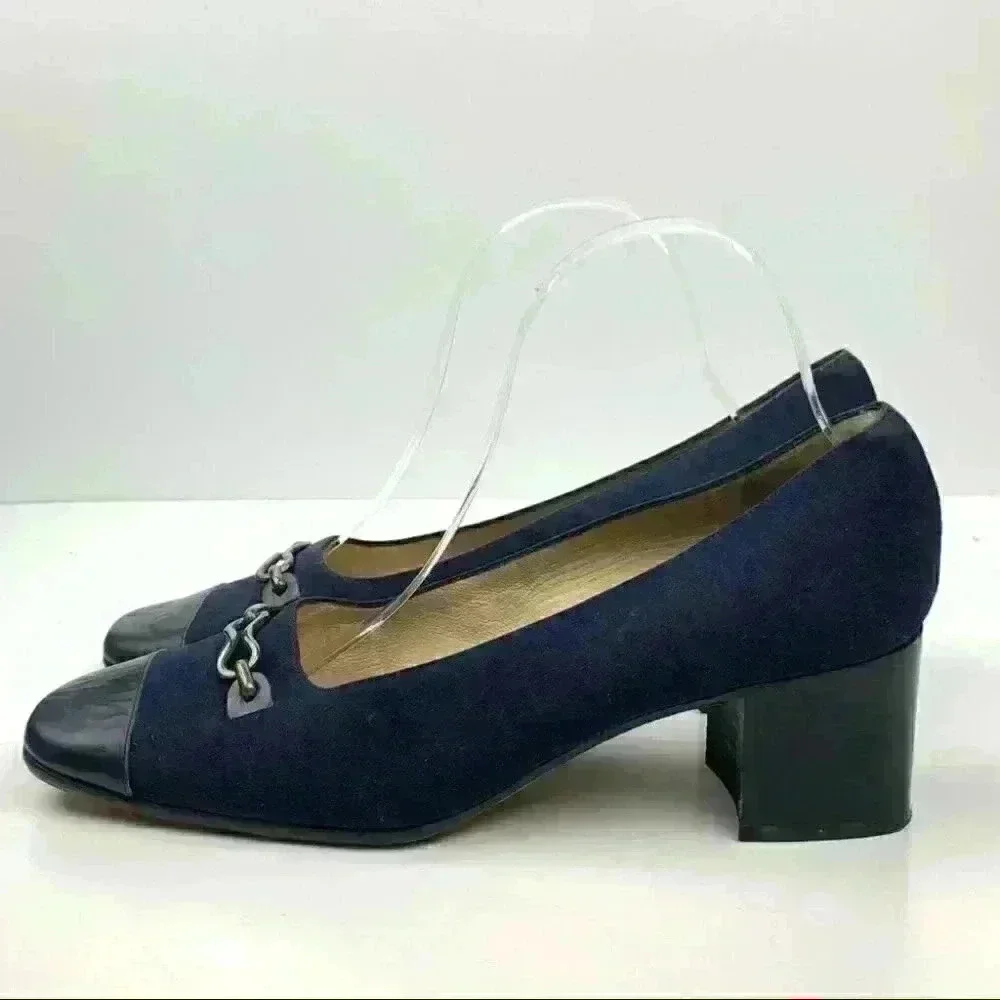 Franca Carraro Monique heels size 39.5 navy blue Italian leather vintage 90s